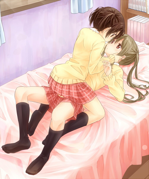 2girls bed brown_eyes brown_hair long_hair mountain_pukuichi original short_hair twin_tails yuri