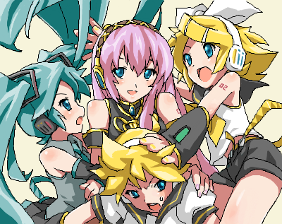 1boy 3girls angry aqua_eyes aqua_hair blouse bow dress esse hair_bow hatsune_miku headphones headset kagamine_len kagamine_rin long_hair megurine_luka miniskirt multiple_girls oekaki open_mouth school_uniform serafuku shirt short_hair shorts skirt sleeveless smile sweatdrop tattoo twin_tails vocaloid