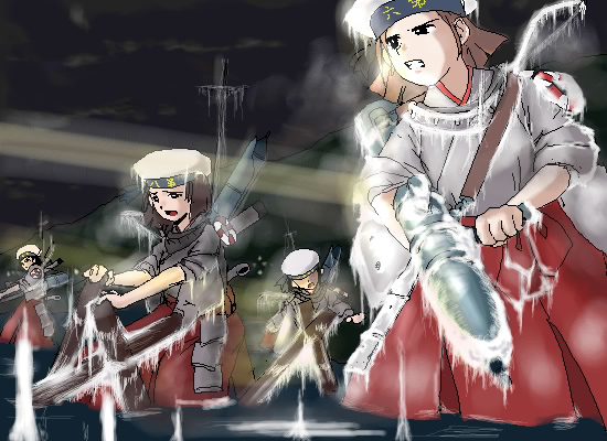 battle breath brown_hair clenched_teeth frozen hakama hat ice innertube japanese_clothes kirio_(ccr00235) mecha_musume military multiple_girls night ocean oekaki original pork_pie_sailor_hat red_hakama sailor_hat ship short_hair teeth torpedo torpedo_boat water watercraft