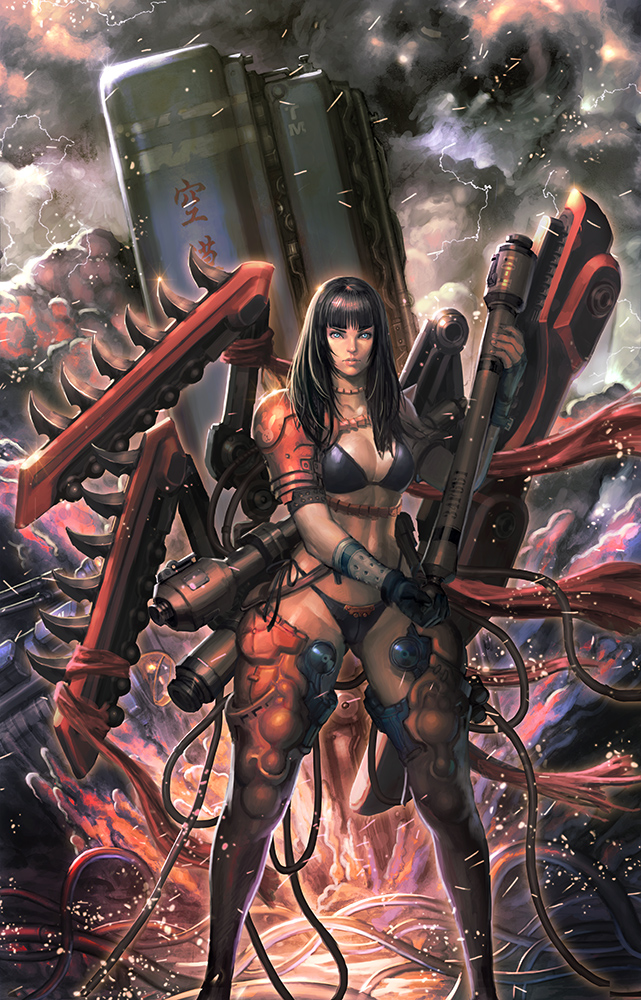 armor bad_id bad_pixiv_id bikini black_hair blue_eyes breasts cable cloud explosion kilart large_breasts lightning lips machinery original shoulder_pads solo swimsuit weapon