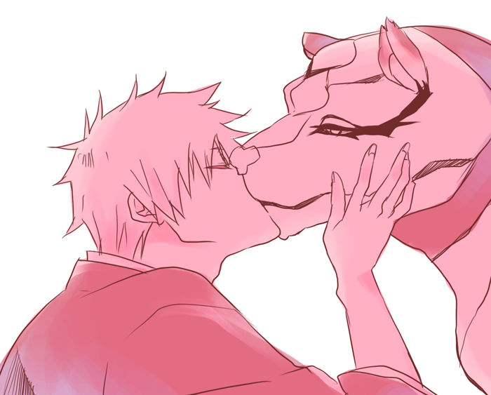 ??? bleach couple feline gay grimmjow_jaegerjaquez ichigo_kurosaki kissing male mammal panther plain_background shinigami tamago white_background