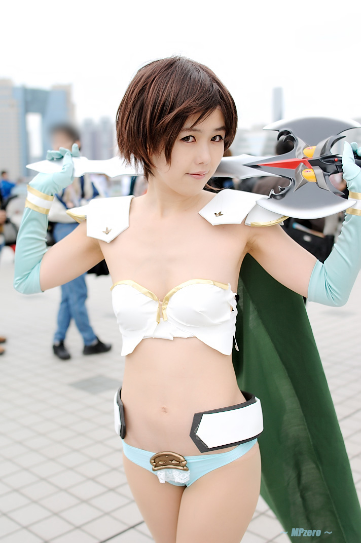 bikini cape character_request coa cosplay elbow_gloves gloves photo source_request swimsuit sword tagme_character tagme_series weapon