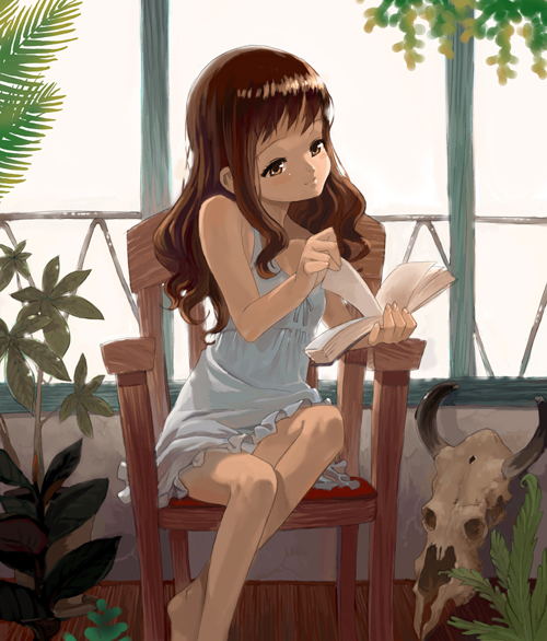 barefoot book chair copyright_request plant reading shirane_taito sitting skull solo window