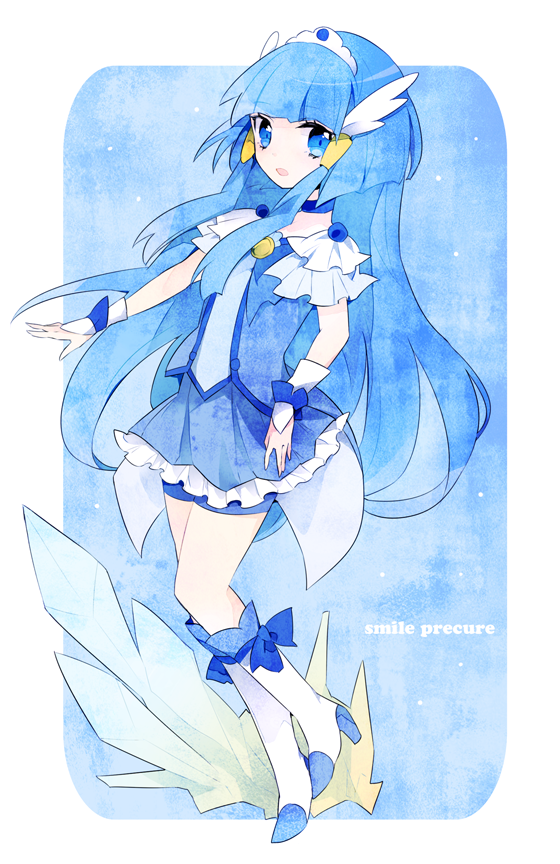 amesawa_mokke aoki_reika bad_id bad_pixiv_id blue blue_background blue_eyes blue_hair blue_skirt boots copyright_name cure_beauty knee_boots long_hair looking_at_viewer magical_girl precure shorts shorts_under_skirt skirt smile_precure! solo very_long_hair