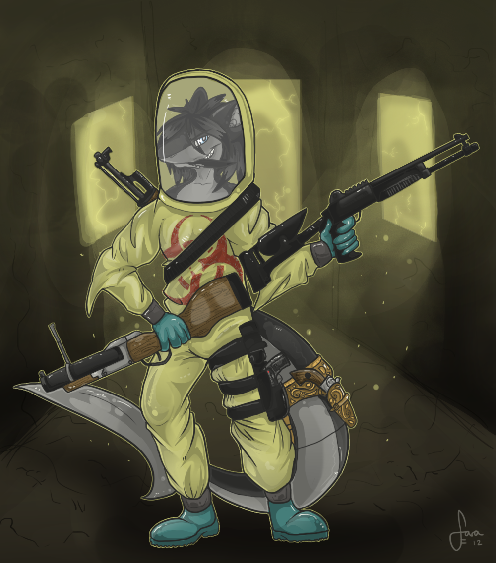 benelli_m4 black_hair blue_eyes fish hair hazmat_suit killing_floor killing_floor_(game) long_hair looking_at_viewer m79 male marine nerts shark snaggletoothmonster solo support_specialist_(killing_floor) video_games weapon