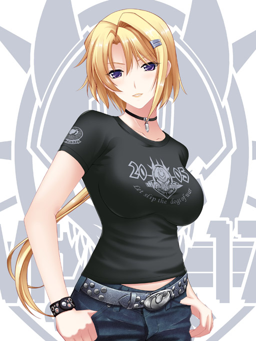 belt blonde_hair bracelet choker denim ellen_aice english fashion hair_ornament hairclip insignia jeans jewelry looking_at_viewer military miyata_sou muvluv muvluv_alternative necklace pants parted_lips purple_eyes shirt short_hair taut_clothes taut_shirt thumbs_in_pockets