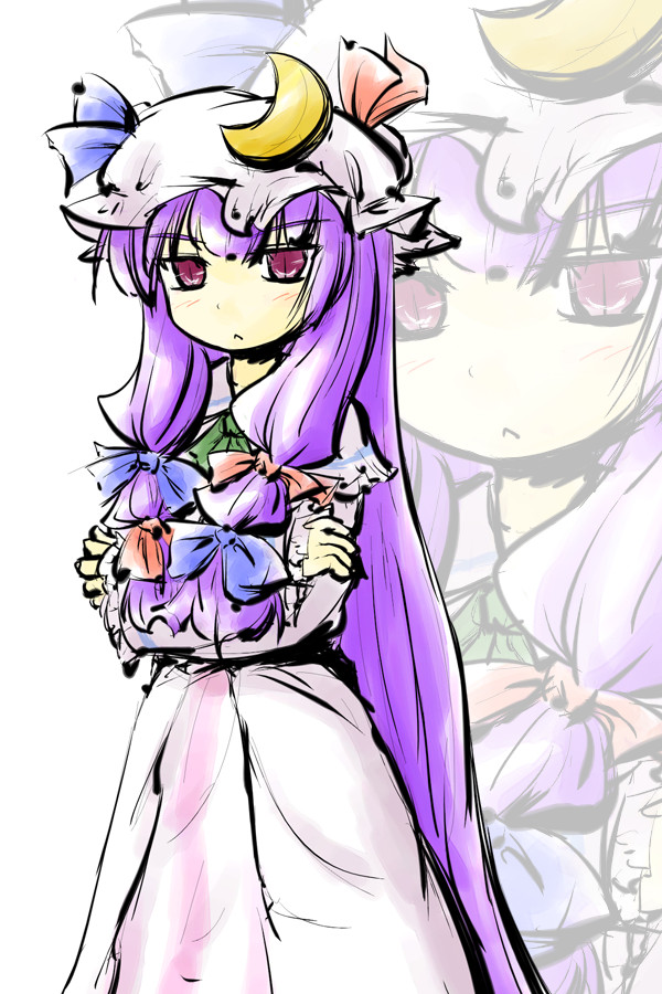 :&lt; ascot bow crescent crossed_arms dress hair_bow hat hat_bow long_hair natsuki_(silent_selena) patchouli_knowledge purple_eyes purple_hair solo standing touhou very_long_hair