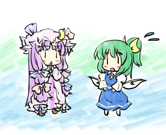 :&lt; ascot blush bow crescent daiyousei flying_sweatdrops green_hair hair_bow hat hat_bow long_hair multiple_girls natsuki_(silent_selena) open_mouth patchouli_knowledge ponytail purple_hair standing touhou wings |_|