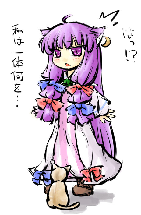 1girl ahoge animal_ears ascot bow cat cat_ears crescent dress earrings hair_bow jewelry long_hair natsuki_(silent_selena) patchouli_knowledge purple_eyes purple_hair simple_background single_earring solo standing touhou translated white_background