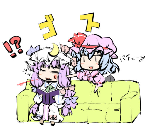 2girls :d =_= ascot blood blue_hair book bow couch crescent dress hair_bow hat hat_bow hat_ribbon long_hair multiple_girls natsuki_(silent_selena) open_book open_mouth patchouli_knowledge punching purple_hair remilia_scarlet ribbon simple_background sitting smile tears touhou translation_request white_background |_|