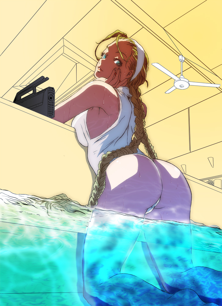 ass blonde_hair blue_eyes braid breast_press breasts cammy_white caustics ceiling_fan chin_rest from_below gun inugami_mokekiyo kneeling light_smile long_hair looking_back magpul_fmg-9 medium_breasts one-piece_swimsuit parted_lips partially_submerged partially_underwater_shot pool poolside shallow_water street_fighter submachine_gun sweat swimsuit twin_braids water weapon