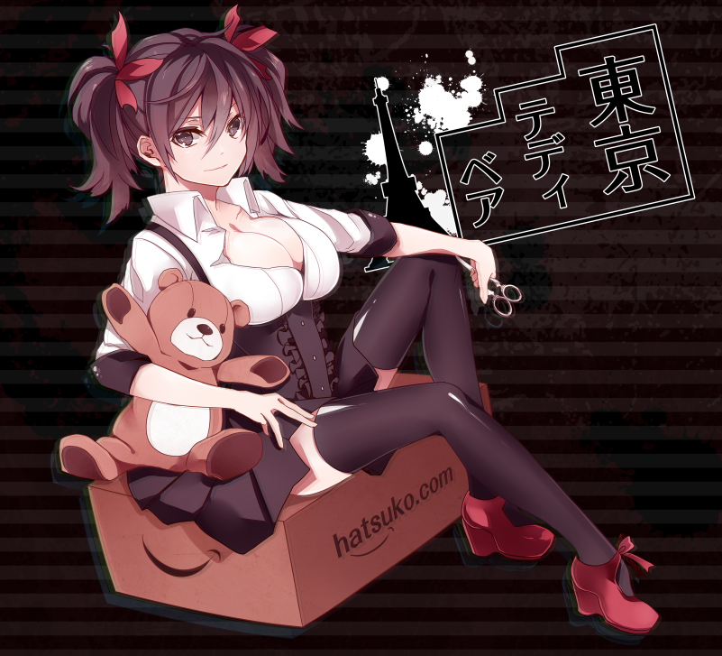 amazon_(company) artist_name bad_id bad_pixiv_id black_legwear box brand_name_imitation breasts brown_eyes brown_hair cardboard_box cleavage copyright_name hair_ornament hatsuko holding looking_at_viewer medium_breasts on_box red_footwear scissors shirt shoes short_hair sitting sitting_on_box skirt smile solo striped striped_background stuffed_animal stuffed_toy teddy_bear thighhighs tokyo_teddy_bear_(vocaloid) twintails vocaloid white_shirt