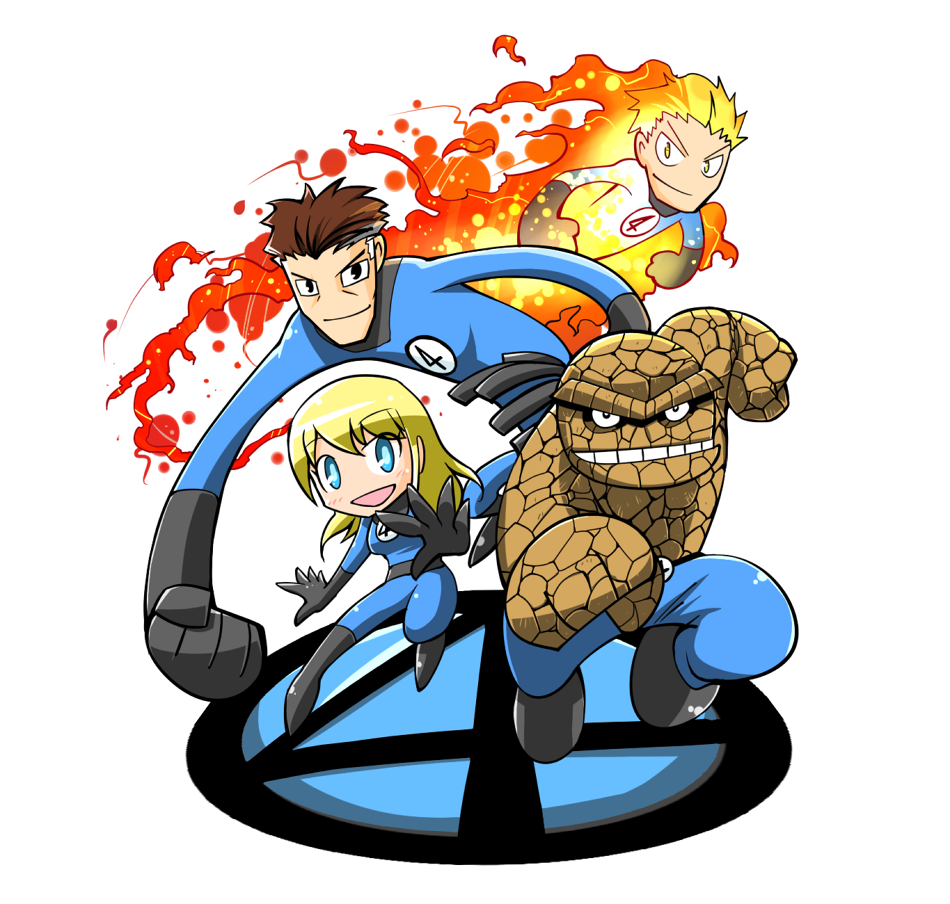 3boys ben_grimm black_hair blonde_hair blue_eyes commentary_request fantastic_four fire johnny_storm marvel multiple_boys rariatto_(ganguri) reed_richards stretched_limb sue_storm