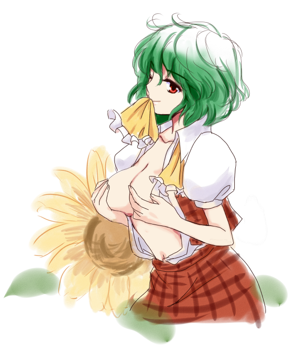 ascot breasts breasts_outside covering covering_breasts flower green_hair hanisa kazami_yuuka medium_breasts mouth_hold no_bra one_eye_closed open_clothes open_shirt plaid plaid_skirt plaid_vest red_eyes shirt short_hair short_sleeves simple_background skirt skirt_set smile solo sunflower touhou untied vest white_background