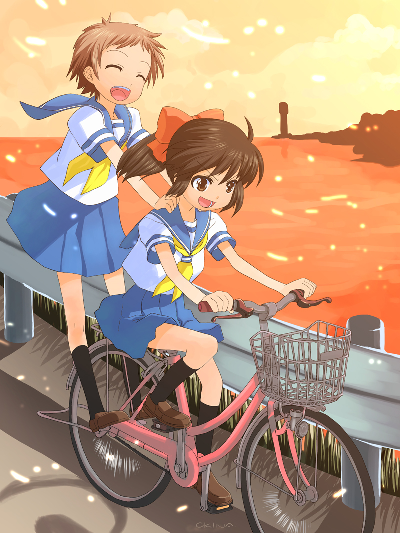 :d ^_^ bad_id bad_pixiv_id bicycle bicycle_basket black_legwear blouse blue_skirt bow closed_eyes grass ground_vehicle guard_rail hair_bow hands_on_another's_shoulders horizon kneehighs loafers multiple_girls multiple_riders neckerchief ocean okina_ika open_mouth original outdoors pillion ponytail riding road school_uniform serafuku shoes short_hair short_sleeves signature skirt sky smile standing sunset v-shaped_eyebrows white_blouse