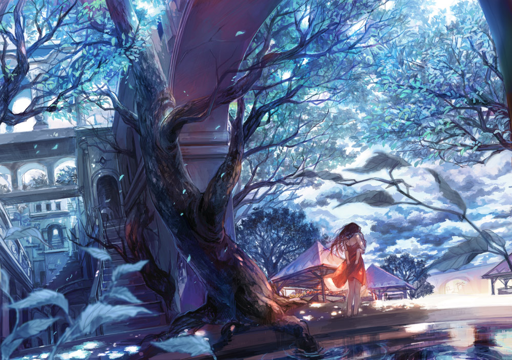 blue child dress leaf long_hair md5_mismatch original scenery sime_(echo) solo stairs tree water