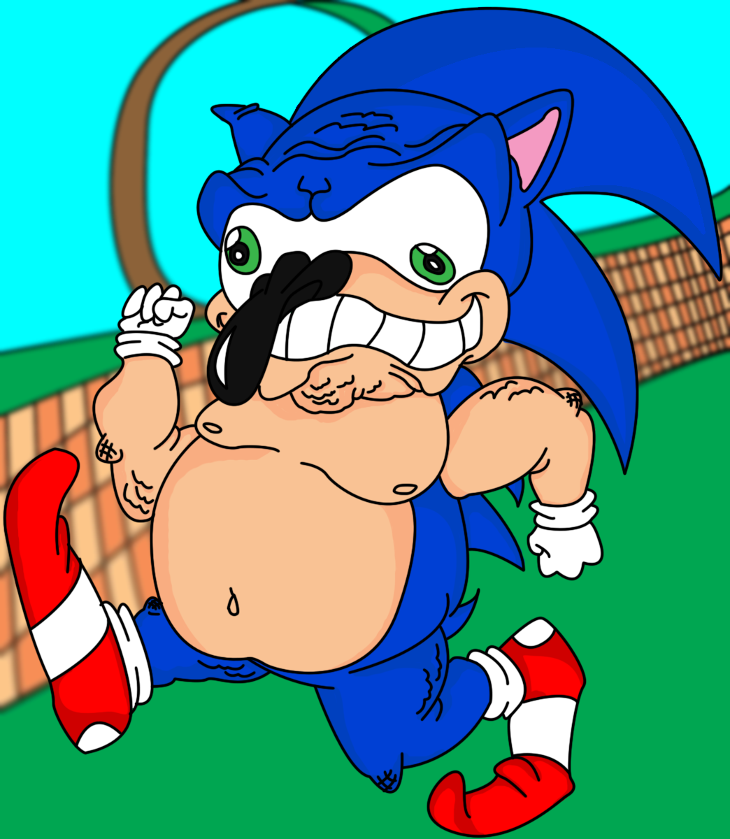 chubby countramsely fanart fur hedgehog humor male mammal nightmare_fuel nipples obese overweight parody running sega shoes smile solo sonic_(series) sonic_the_hedgehog