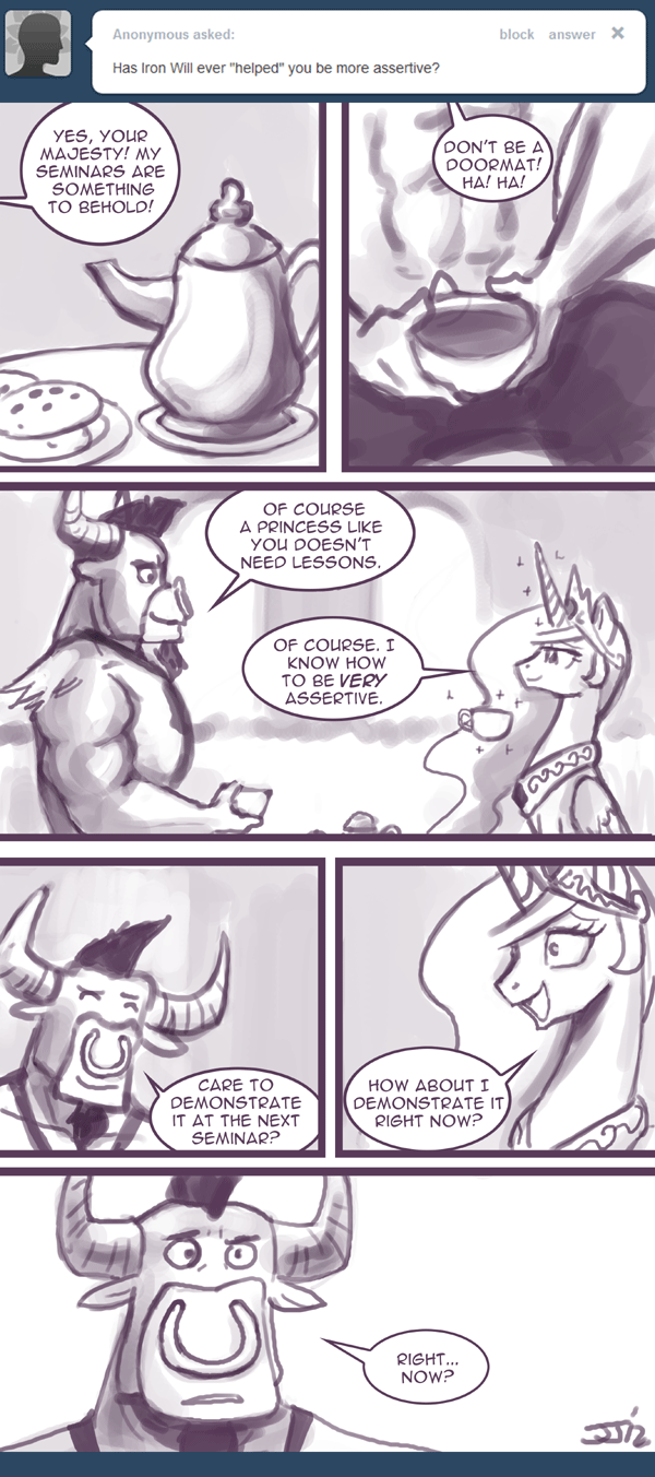 anthro bovine bull cattle comic crown dialog dialogue duo english_text equine female feral friendship_is_magic hair horn horse iron_will_(mlp) john_joseco male mammal my_little_pony pony princess princess_celestia_(mlp) royalty text tumblr winged_unicorn wings