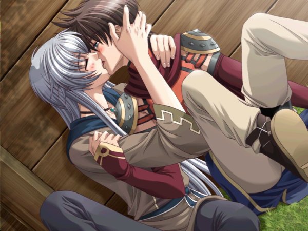 2boys adonis bishounen blue_eyes blush brown_hair dutch_angle eyes_closed french_kiss game_cg jewelry kiss might multiple_boys necklace outdoors silver_chaos silver_hair takatsuki_noboru teen vividcolor yaoi