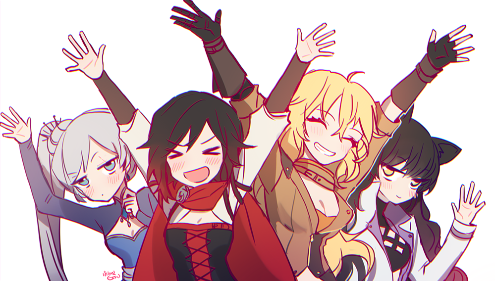 &gt;_&lt; 4girls ahoge animal_ears arm_up arms_up bangs black_hair blake_belladonna blonde_hair blue_eyes blush breasts cape cat_ears cat_girl cleavage cloak closed_mouth corset dress ecru embarrassed eyebrows_visible_through_hair eyes_closed facial_scar facing_viewer faunus faunus_(rwby) fingerless_gloves gloves gradient_hair grin hair_between_eyes hair_ornament half-closed_eyes half-siblings hand_up hands_up happy highres jacket large_breasts long_hair long_sleeves looking_at_viewer medium_breasts multicolored_hair multiple_girls open_mouth prosthesis prosthetic_arm purple_eyes red_hair ruby_rose rwby scar scar_across_eye short_hair siblings side_ponytail silver_eyes sisters smile team teeth tongue two-tone_hair upper_body weiss_schnee white_hair yang_xiao_long yellow_eyes
