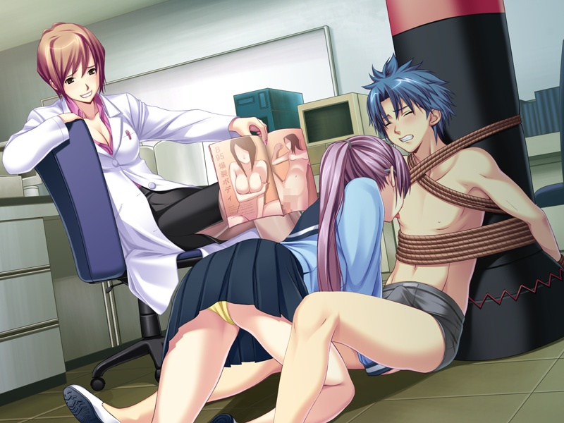 2girls ayakawa_haruki bdsm bent_over blue_hair blush bondage bound breasts brown_hair bulge circle_hitori cleavage clenched_teeth endured_face erection femdom game_cg glasses hetero infirmary kiryu_takaki labcoat licking long_hair male malesub medical miniskirt multiple_girls nipple_licking nippleplay nurse's_office panties pantyshot penis pornography purple_hair rape revenge reverse_rape rope sailor sailor_uniform school_nurse school_uniform serafuku short_hair skirt slave smile soushinjutsu soushinjutsu_3 straight studio_jaren t teeth tied_to_column underwear watching yellow_panties yoshimine_rei