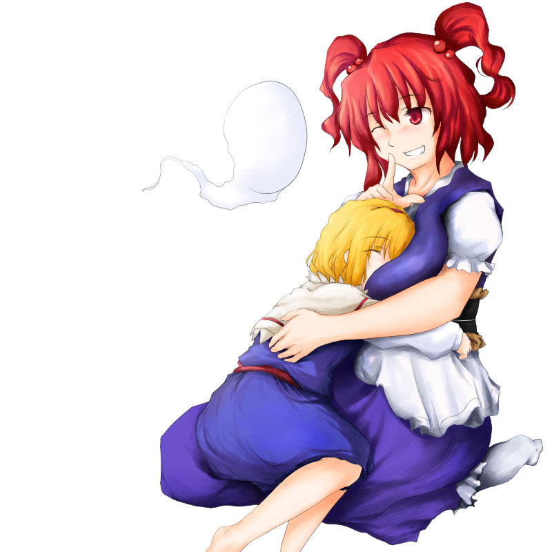 alice_margatroid bad_id bad_pixiv_id beegle blonde_hair breast_pillow breast_smother breasts grin hair_bobbles hair_ornament hitodama hug large_breasts multiple_girls on_lap one_eye_closed onozuka_komachi red_eyes red_hair sleeping smile touhou two_side_up