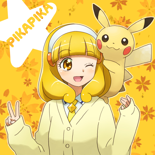 ;d blonde_hair cardigan color_connection crossover enu_(spinal) eyelashes floral_background gen_1_pokemon hairband kise_yayoi one_eye_closed open_mouth pika_pika_pikarin_jankenpon pikachu pokemon pokemon_(creature) power_connection precure short_hair smile smile_precure! v white_hairband yellow yellow_background yellow_eyes