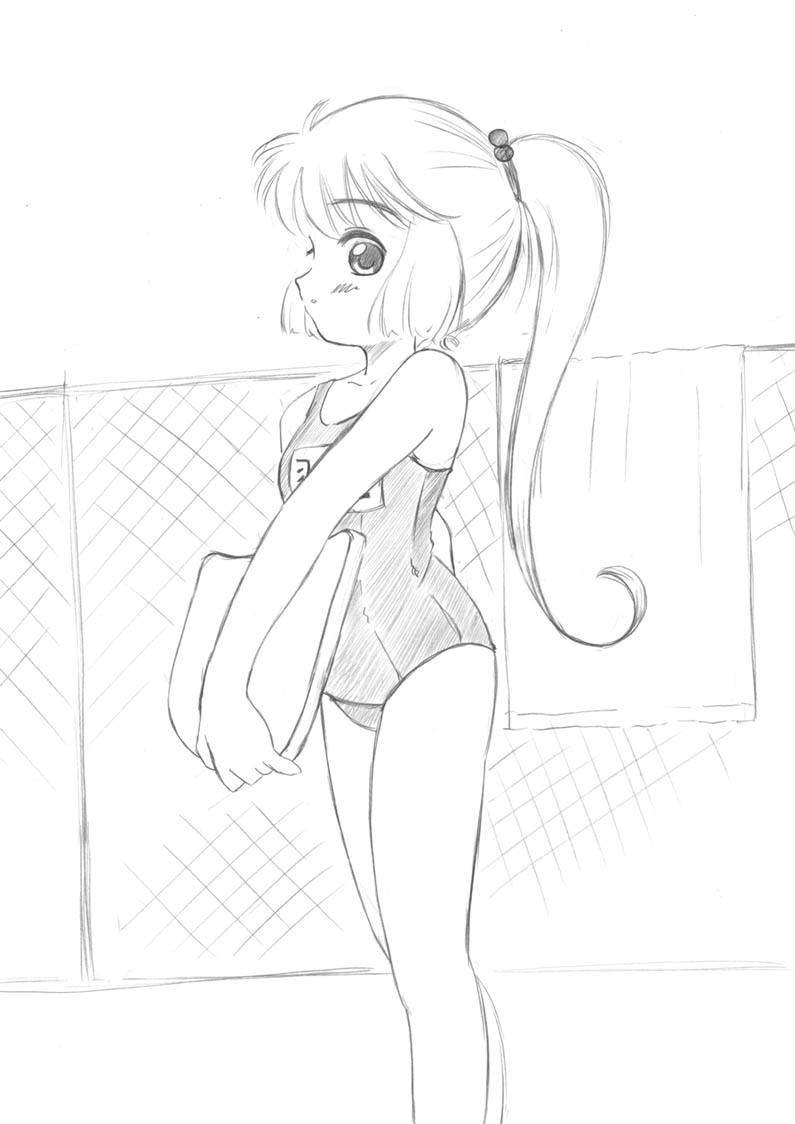 child fence haneoka_meimi kaitou_saint_tail kickboard loli monochrome ponytail swimsuit