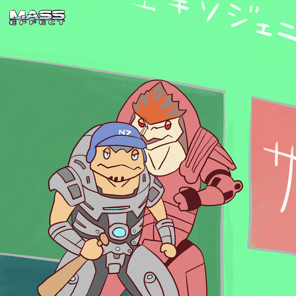 alien animal baseball baseball_bat dinosaur grunt_(mass_effect) krogan mass_effect pixiv_thumbnail resized urdnot_grunt urdnot_wrex