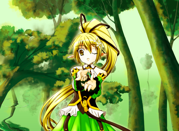 1girl bare_shoulders blonde_hair blone_hair elf elsword forest nature open_mouth pointy_ears rena_(elsword) solo tree wink yellow_eyes