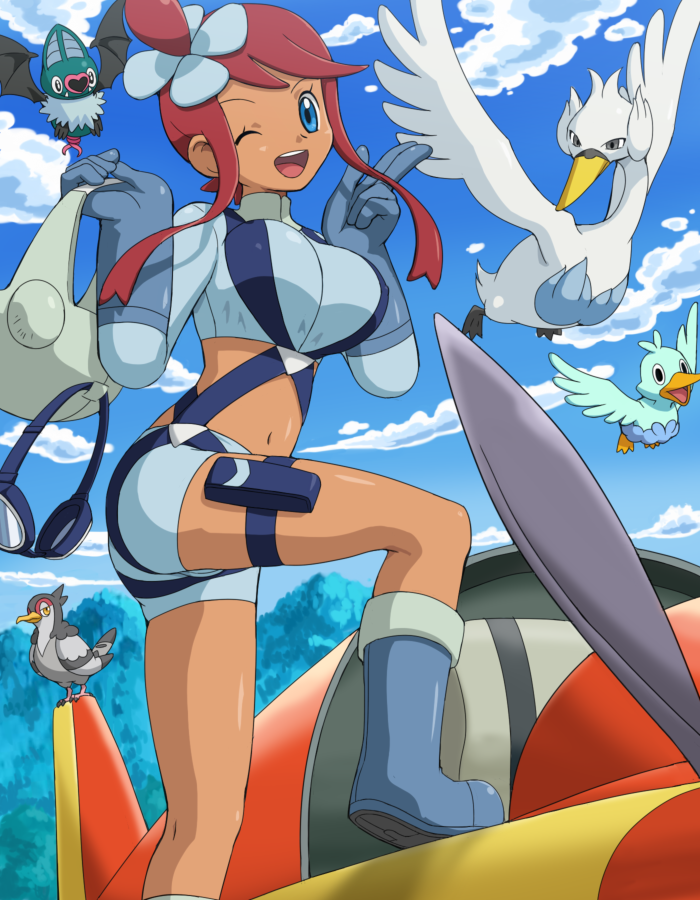 aircraft airplane belt blue_eyes blue_footwear blue_sky boots breasts cloud day ducklett flight_goggles fuuro_(pokemon) gen_5_pokemon gloves goggles hair_ornament knee_boots large_breasts leg_lift looking_at_viewer midriff mountain navel one_eye_closed pokemoa pokemon pokemon_(creature) pokemon_(game) pokemon_bw propeller red_hair shorts sky smile standing standing_on_object swanna swoobat thigh_strap tranquill