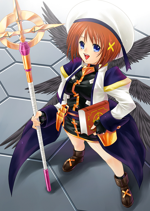:d ayato bad_anatomy black_gloves blue_eyes blush brown_hair cropped_jacket fingerless_gloves full_body gloves hair_ornament jacket long_sleeves looking_at_viewer lyrical_nanoha magical_girl mahou_shoujo_lyrical_nanoha_strikers open_clothes open_jacket open_mouth rod schwertkreuz short_hair shorts smile solo staff stone_floor tome_of_the_night_sky waist_cape wings x_hair_ornament yagami_hayate