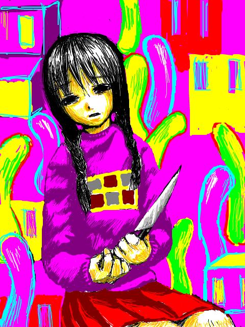 artist_request braid hair_over_shoulder knife madotsuki pink_shirt shirt skirt solo twin_braids yume_nikki