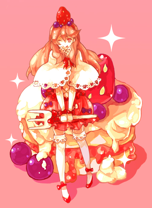 ;p bad_id bad_pixiv_id blueberry cake cream dada_(dolce) dessert dress food food_as_clothes food_themed_hair_ornament fork fruit grape_hair_ornament grapes hair_ornament in_food long_hair minigirl one_eye_closed original pastry red_eyes ribbon solo strawberry strawberry_hair_ornament sweets thighhighs tongue tongue_out