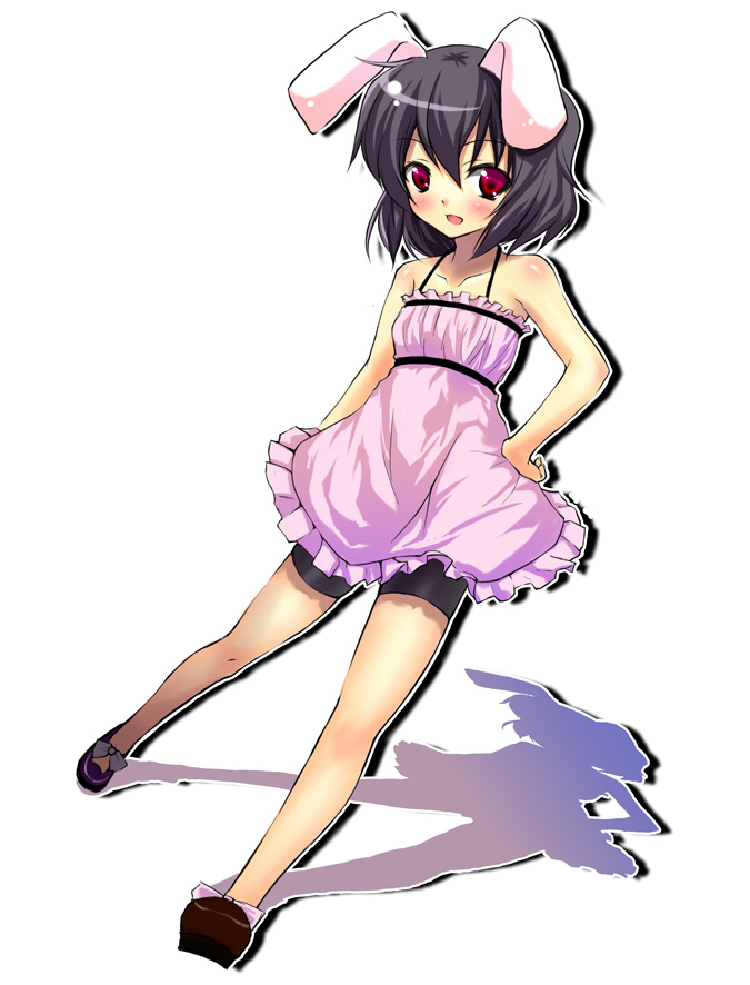 animal_ears bike_shorts black_hair blush bunny_ears collarbone dress full_body hand_on_hip inaba_tewi looking_at_viewer mary_janes red_eyes shadow shoes short_hair solo touhou tsujigiri white_background