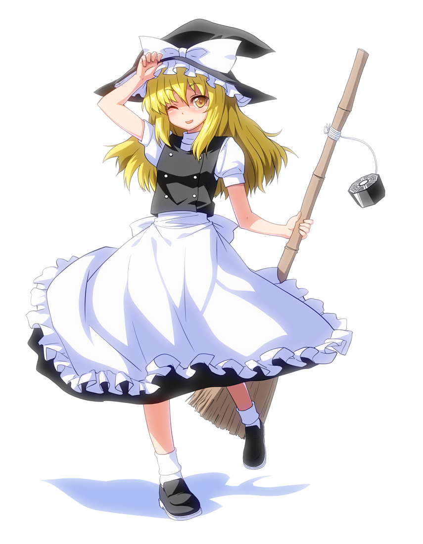 apron bamboo_broom blonde_hair blush broom full_body hand_on_headwear hat kirisame_marisa long_hair mini-hakkero okina_ika one_eye_closed open_mouth simple_background skirt smile solo touhou waist_apron white_background witch_hat yellow_eyes