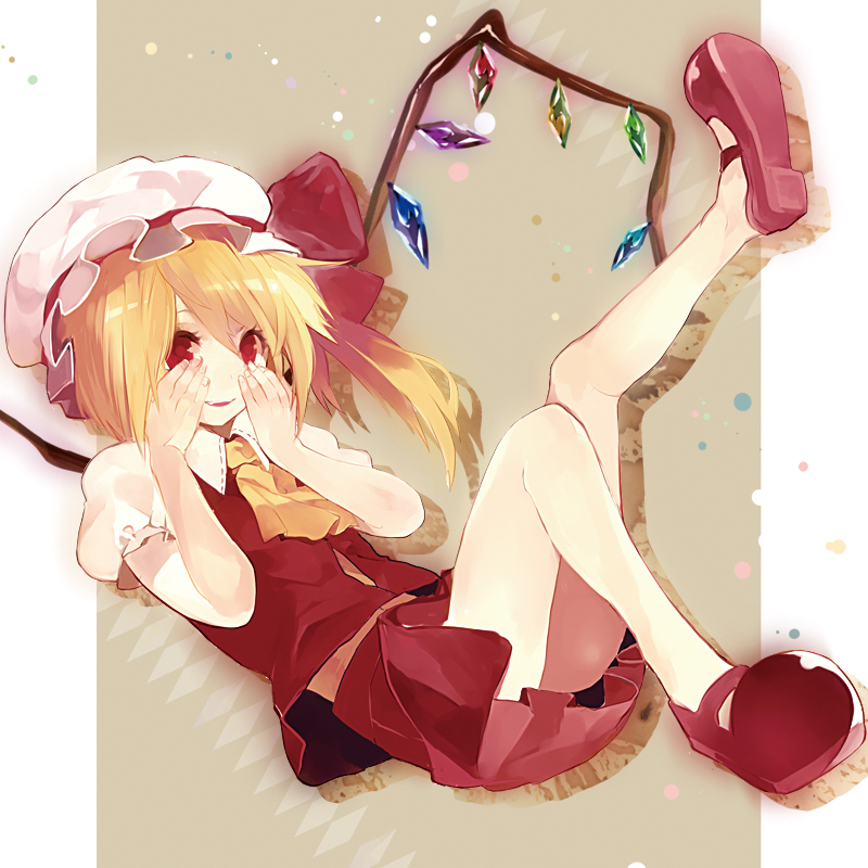 ascot bad_id bad_pixiv_id blonde_hair flandre_scarlet hands_on_own_face hat hyakuhachi_(over3) long_hair mary_janes no_socks open_mouth red_eyes shoes side_ponytail skirt skirt_set smile solo touhou