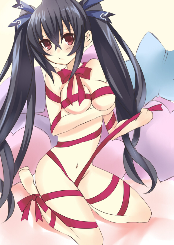 bad_id bad_pixiv_id black_hair blush bow ears hair_bow hair_ornament kneeling long_hair mikan_no_shiru naked_ribbon navel neptune_(series) noire nude red_eyes ribbon solo twintails very_long_hair