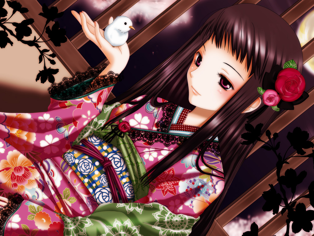 ar_tonelico ar_tonelico_ii black_hair blush flower hair_flower hair_ornament inumori_sayaka jakuri japanese_clothes kimono long_hair solo