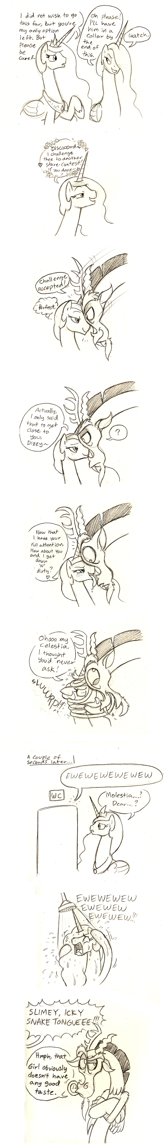 discord_(mlp) draconequus equine female feral friendship_is_magic horn horse licking male mammal mickeymonster my_little_pony pony princess_celestia_(mlp) sketch tongue winged_unicorn wings