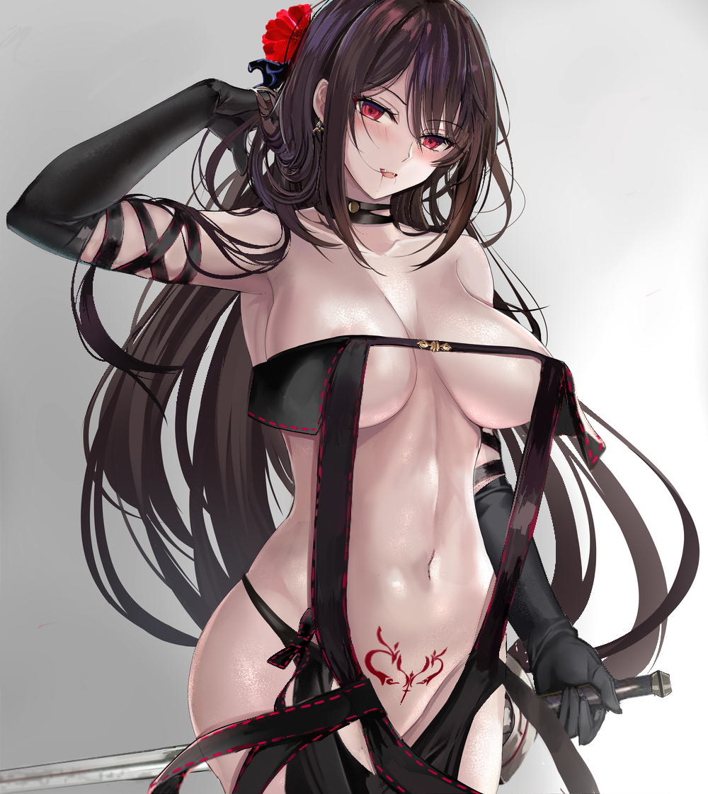 1girl bangs black_dress black_gloves breasts brown_hair center_opening choker collarbone consort_yu_(fate) dress elbow_gloves fate/grand_order fate_(series) flower gloves grey_background hair_flower hair_ornament hand_in_hair hips large_breasts long_hair looking_at_viewer misako12003 navel open_mouth red_eyes solo stomach_tattoo strapless strapless_dress sword tattoo very_long_hair weapon