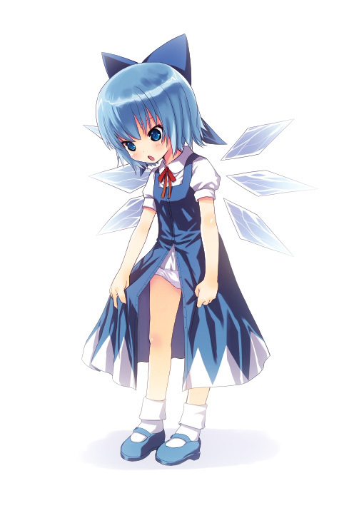 :o blue_eyes blue_hair bow cirno dress full_body hair_bow ice ice_wings kiira looking_down mary_janes panties pantyshot pinafore_dress shoes simple_background solo touhou underwear white_background white_panties wings