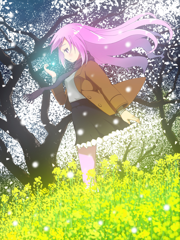 aoten flower jacket kneehighs long_hair looking_down nature original pantyhose pink_eyes pink_hair profile scarf skirt solo tree white_legwear wind wind_lift