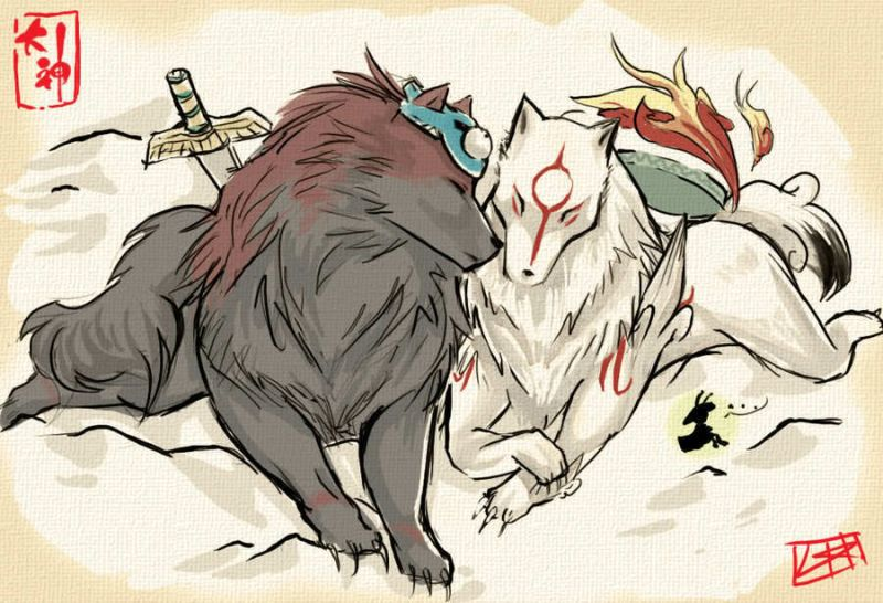 &#332;kami ?kami ambiguous_gender canine claws deity eyes_closed female feral issun lying male mammal mask oki poncle sword syberfox unknown_artist video_games weapon wolf