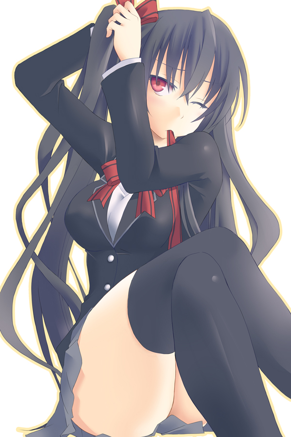 alternate_costume biting black_hair bow breasts crossed_legs hair_bow hair_ornament long_hair medium_breasts minagi neptune_(series) noire one_eye_closed red_eyes ribbon school_uniform sitting solo thighhighs very_long_hair