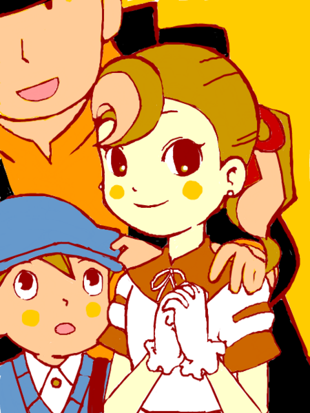 2boys artist_request blush flora_reinhold gloves hat hershel_layton luke_triton multiple_boys open_mouth ponytail professor_layton short_ponytail smile