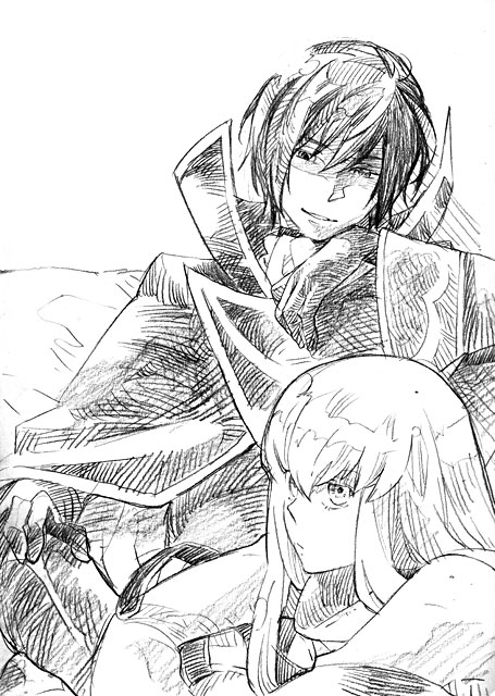 1girl blush c.c. closed_eyes code_geass collar greyscale lelouch_lamperouge long_hair long_sleeves looking_at_viewer monochrome nirok simple_background sitting traditional_media very_long_hair white_background