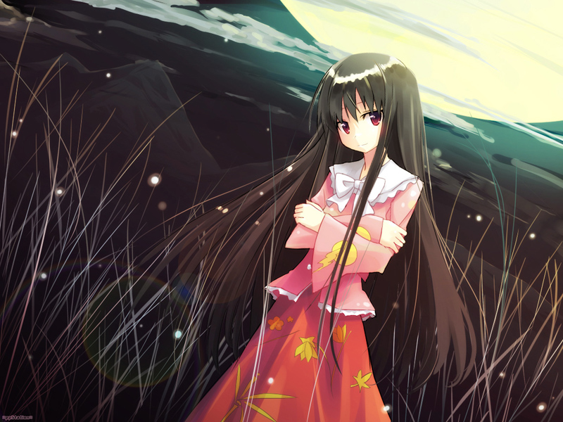 bow bowtie brown_hair crossed_arms dutch_angle field fireflies full_moon head_tilt houraisan_kaguya japanese_clothes long_hair looking_at_viewer moon red_eyes renee smile solo touhou wallpaper