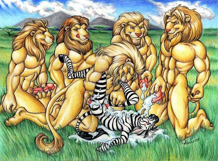 anal anal_penetration anthro aura_moser auradeva balls cum equine erection feline gangbang gay group group_sex interspecies lion male mammal muscles orgy penetration penis predator/prey_relations predator/prey_relationship sex zebra