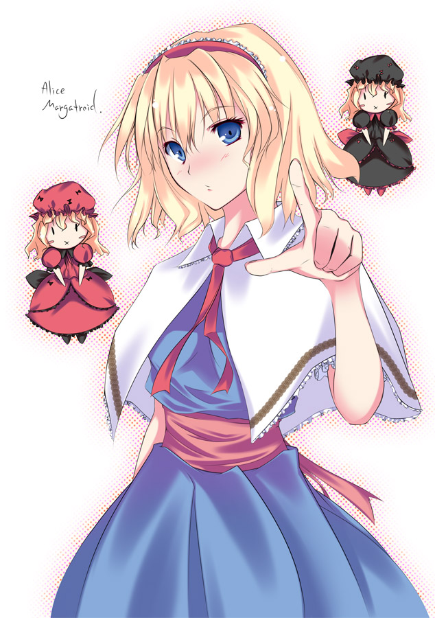 :x alice_margatroid bangs black_dress blonde_hair blue_dress blue_eyes blush capelet character_name closed_mouth doll dress eyebrows_visible_through_hair frilled_capelet frills gayarou hair_between_eyes hairband hand_up hat index_finger_raised lolita_hairband looking_at_viewer mob_cap neck_ribbon nose_blush pointing puffy_short_sleeves puffy_sleeves red_dress red_hairband red_ribbon ribbon sash short_hair short_sleeves simple_background solo touhou upper_body white_background white_capelet wing_collar
